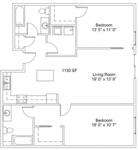 Floor plan for 2 beds, 2 baths, 1067 sqft